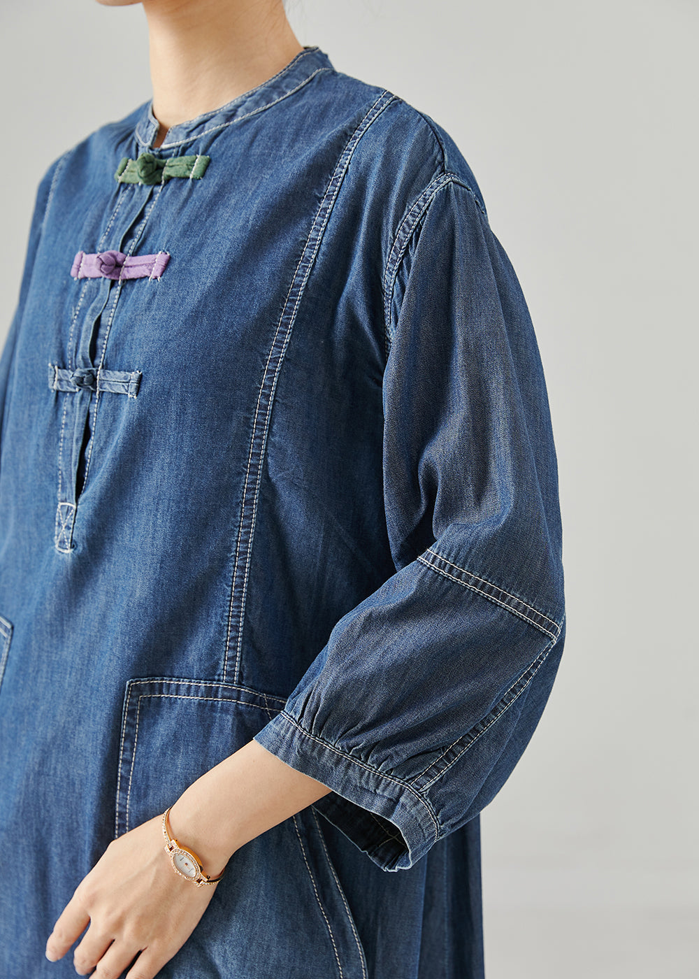 Navy Oversized Chinese Button Denim Dress Bracelet Sleeve
