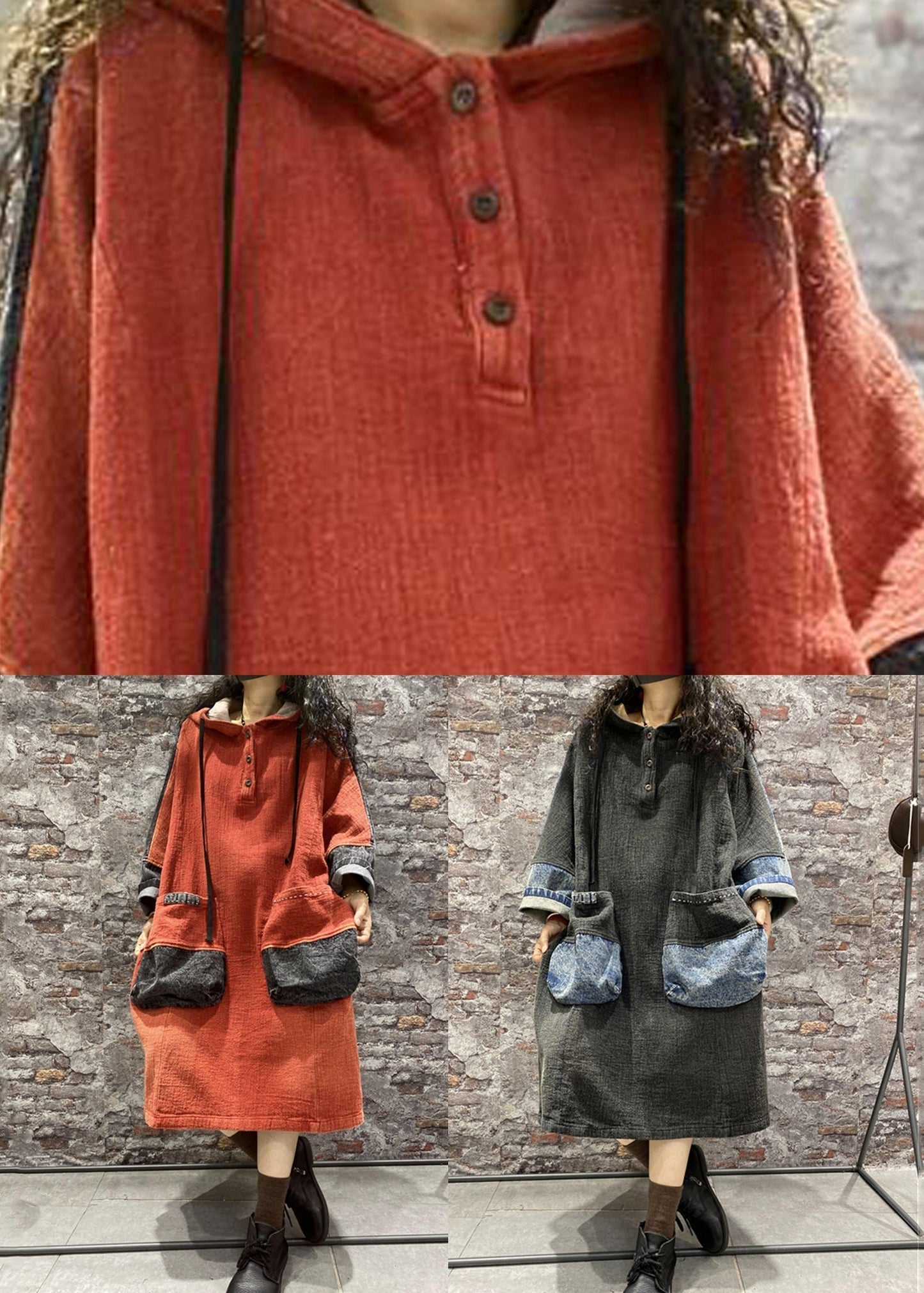 Orange Hooded Pockets Denim Long Dress Fall