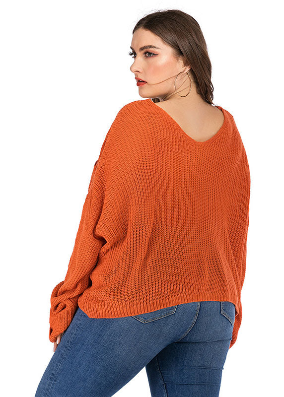 Orange V Neck Chunky Oversized Knit Sweater Long Sleeve