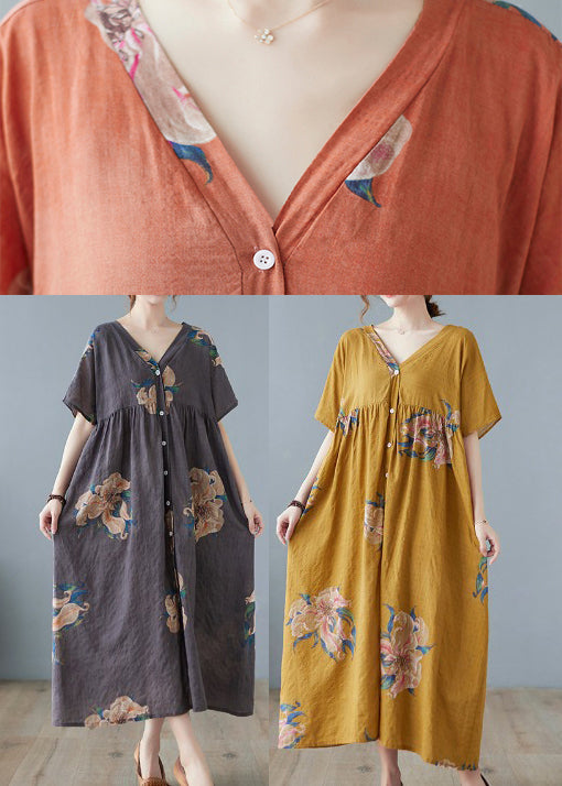 Orange V Neck Maxi Dress Short Sleeve