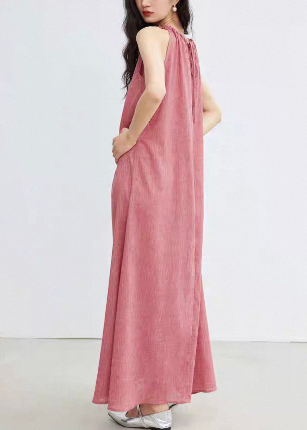 Pink Lace Up Cotton Long Dress Sleeveless