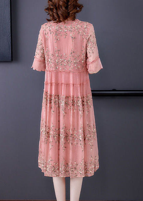Pink O-neck Patchwork Print Tulle Party Dress Summer
