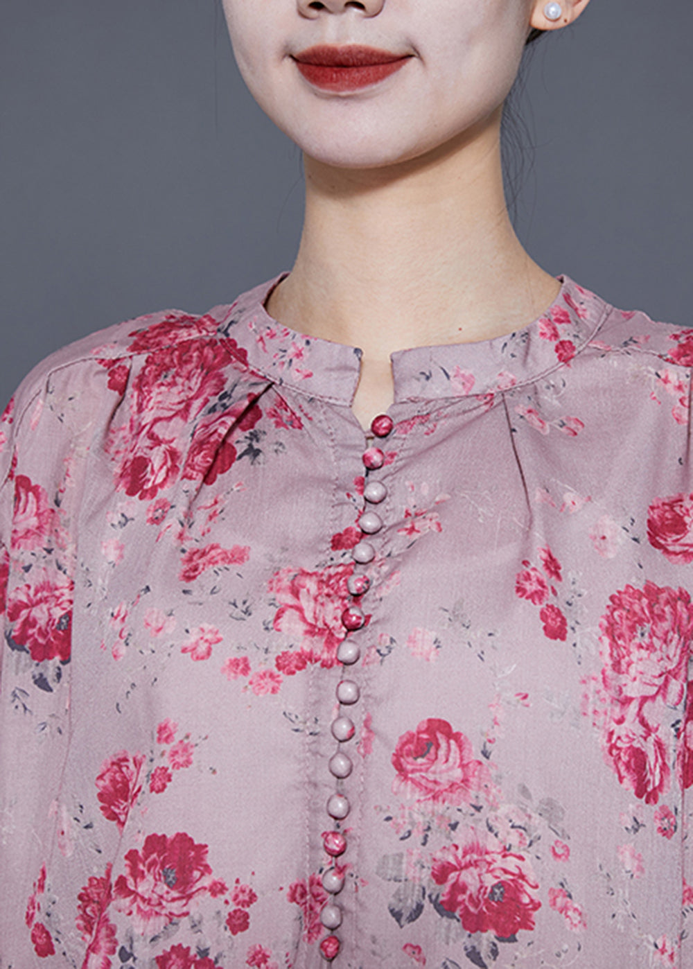 Pink Oversized Print Linen Long Dresses Lantern Sleeve