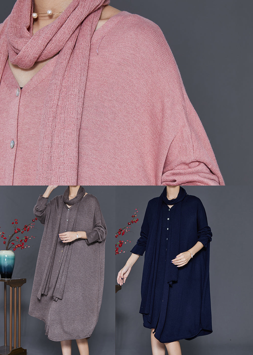 Pink V Neck Complimentary Scarf Knit Dress Fall