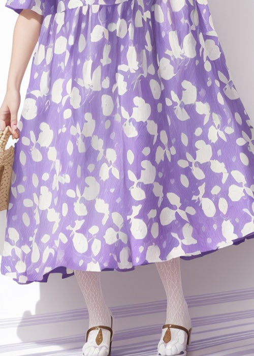 Purple O Neck Print Cotton Dress Summer