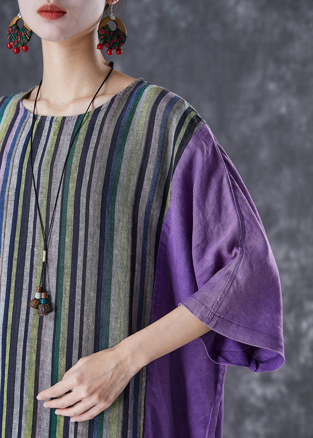 Purple Oversized Patchwork Striped Linen Dress Summer