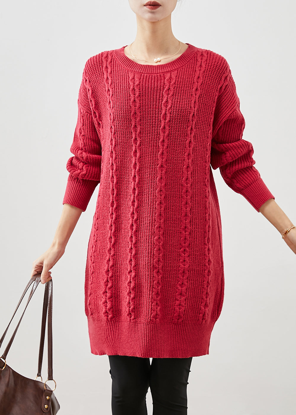 Red O-neck Warm Cable Knit Dress Winter