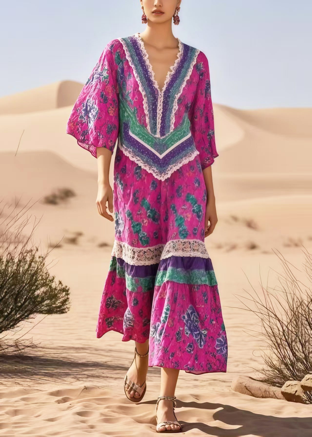 Rose Print Patchwork Cotton Vacation Dresses Summer