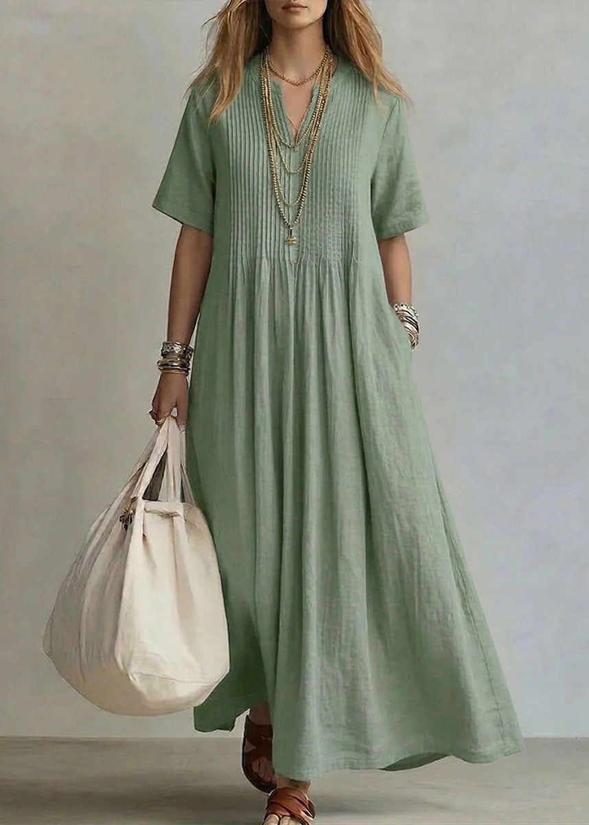 Rose V Neck Pockets Cotton Long Dress Summer