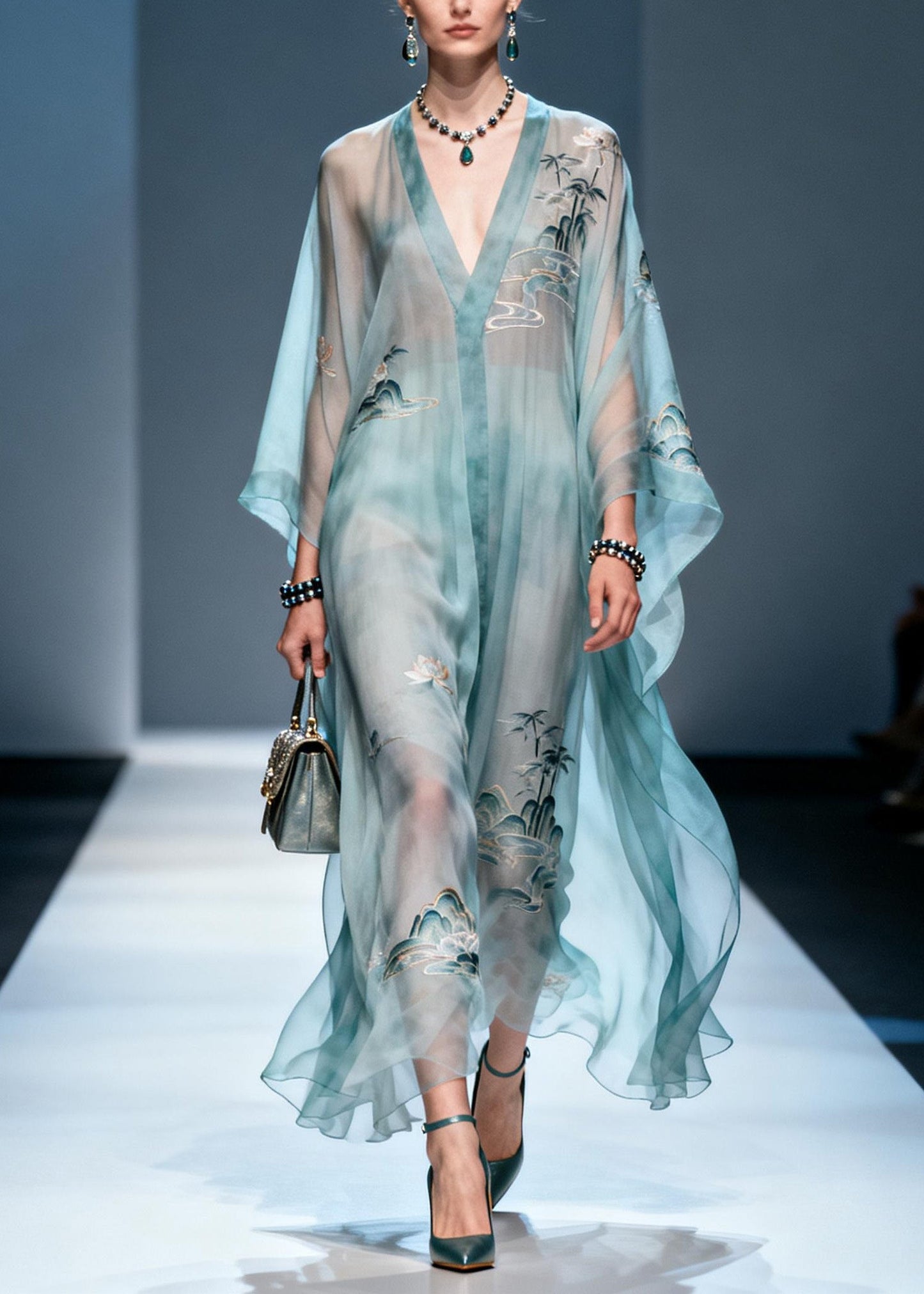 V Neck Print Chiffon Long Dress Summer