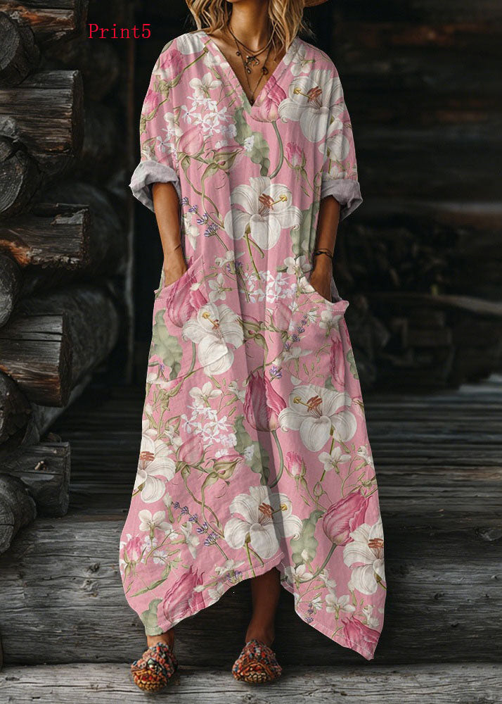 V Neck Print Pockets Cotton Long Dress Summer