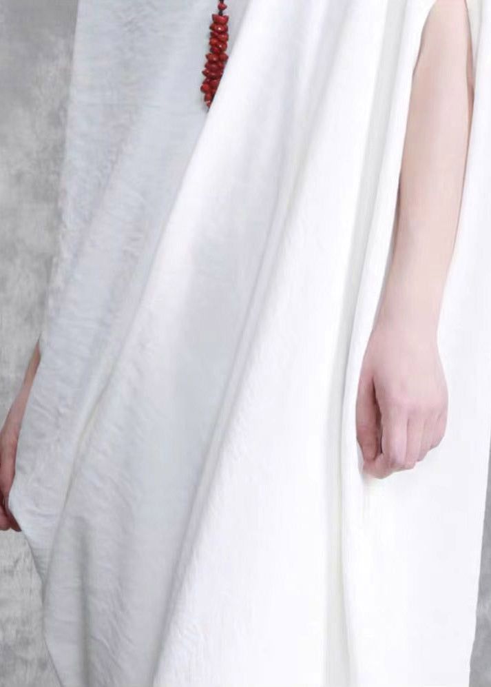 White O-neck Asymmetrical Wrinkled Linen Dress Short Sleeve