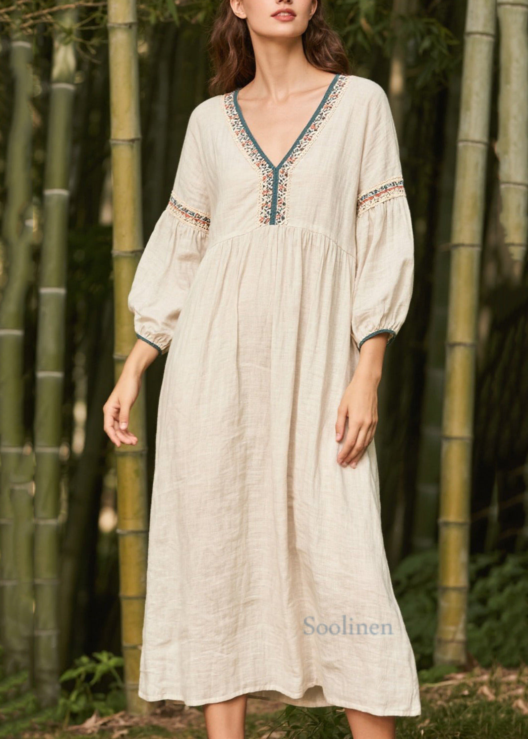 White V Neck Patchwork Linen Dress Bracelet Sleeve