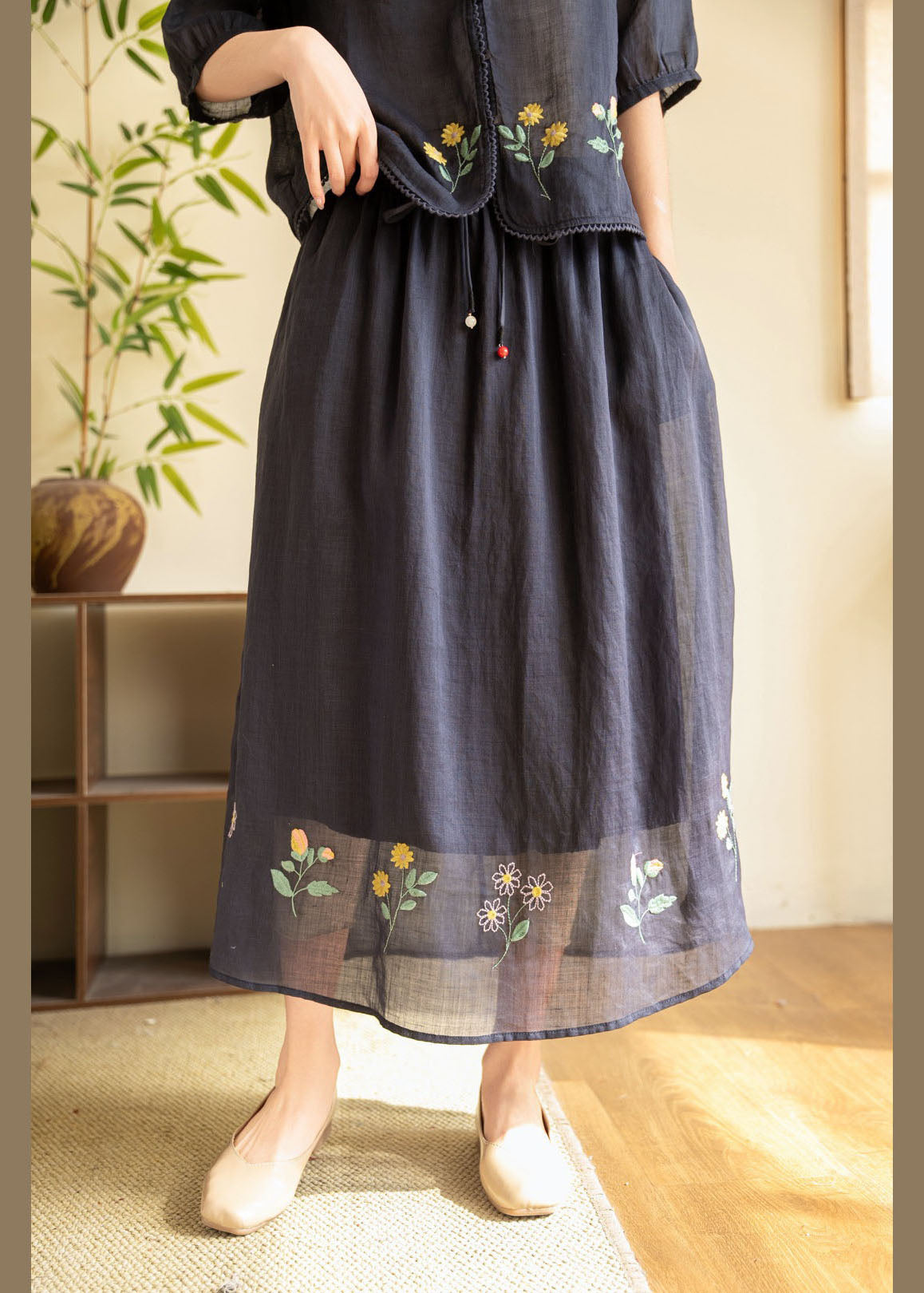 Yellow Embroidered Elastic Waist Linen Skirt Summer