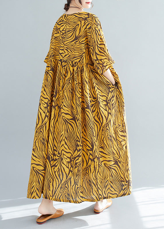 Yellow Print Wrinkled Cotton Vacation Long Dresses Short Sleeve