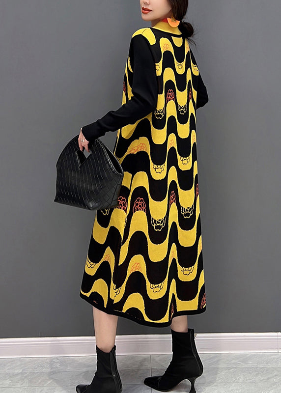 Yellow V Neck Striped Patchwork Knit Dress Fall