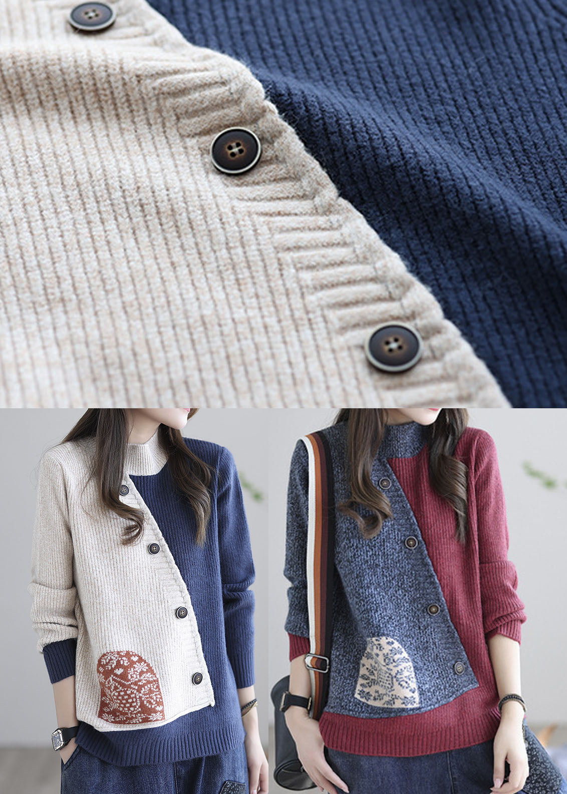 Red Grey Stand Collar Patchwork Knit Tops Spring