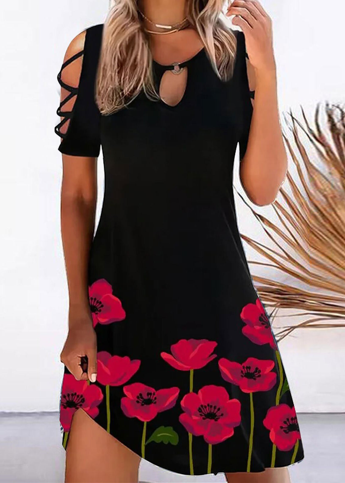 Printed Off the Shoulder Crew Neck Mid Dress Black