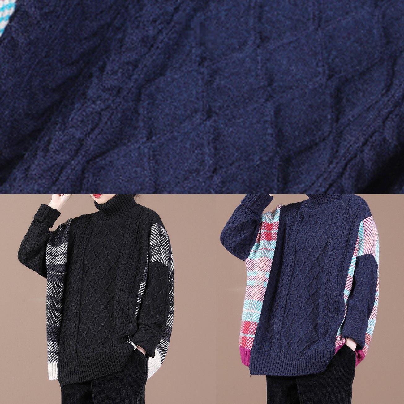 Pullover Blue Plaid Knit Tops Spring High Neck Knit Blouse
