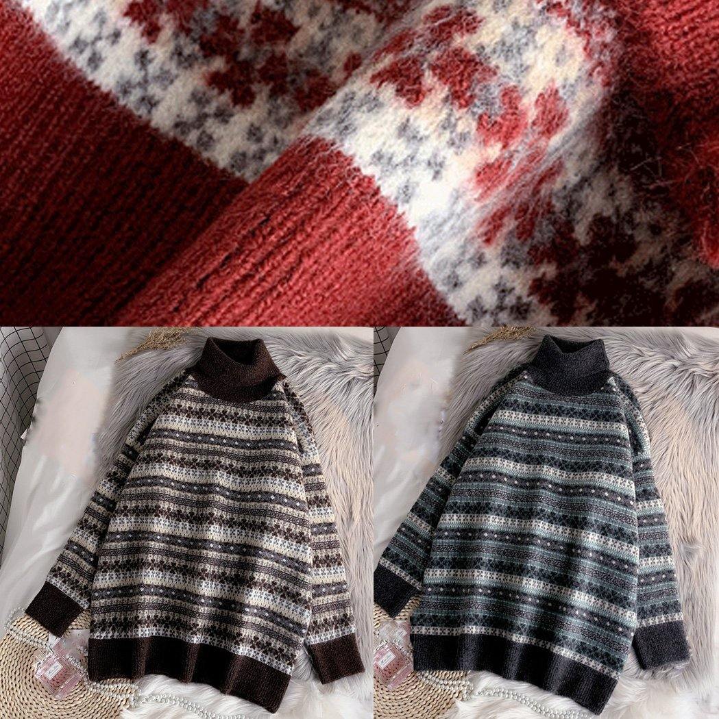 Pullover High Neck Gray Knit Sweat Tops Striped Sweater Tops