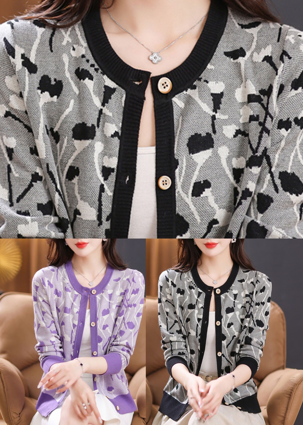 Purple O-neck Button Cozy Knit Cardigan Fall