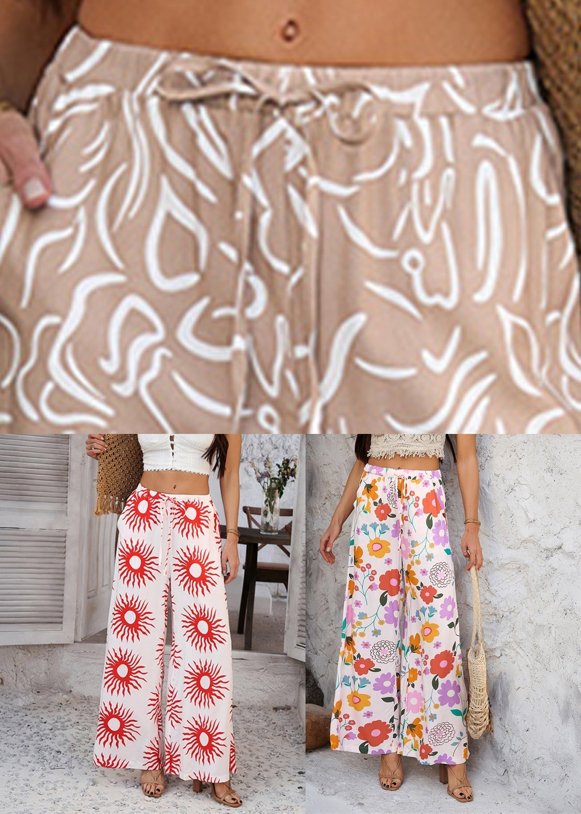 Rainbow Print Tie Waist Vacation Trousers Dresses