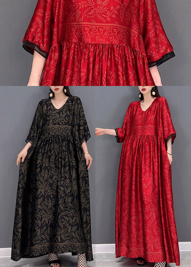 Red Chinese Style Silk Long Dress Wrinkled Short Sleeve