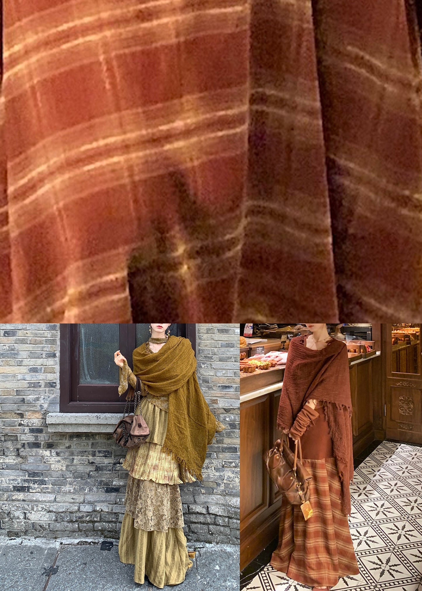 Red Patchwork Top, Maxi Skirts and Scarf Three Pieces Set Fall