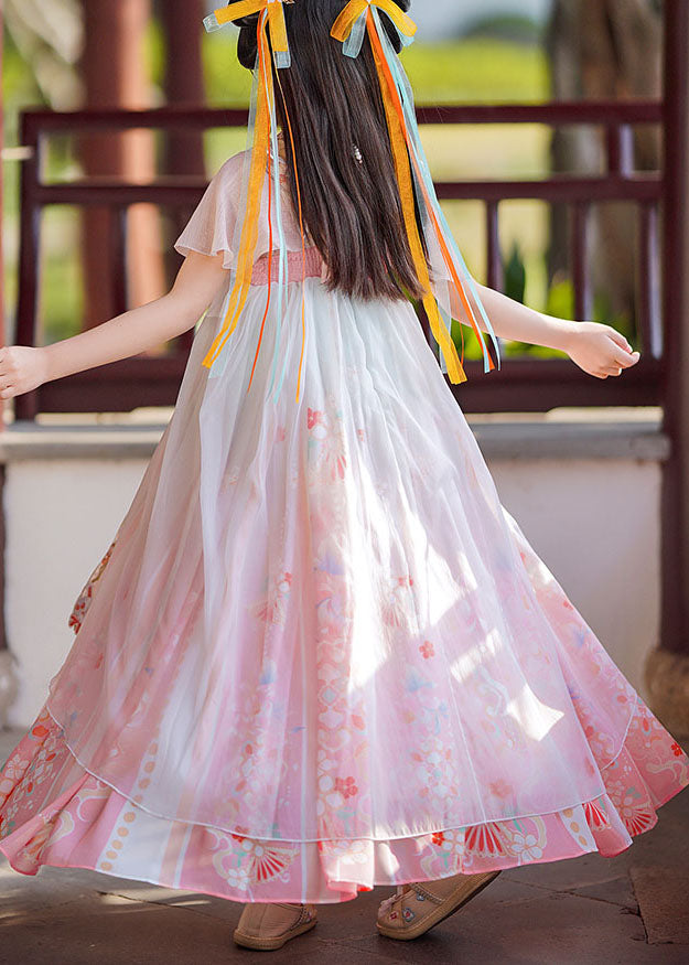 Retro Pink Print Wrinkled Patchwork Chiffon Kids Long Dresses Summer