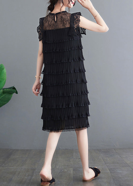 Black O-neck Tulle Patchwork Vacation Long Layered Dresses Summer