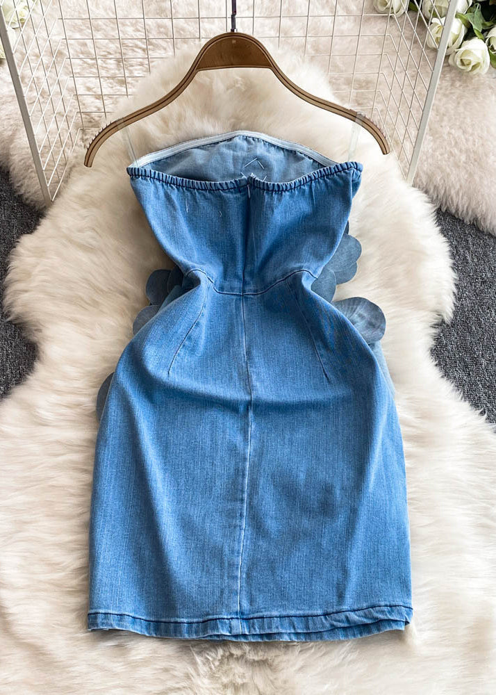 Blue Slash Neck Denim Mid Dresses Summer