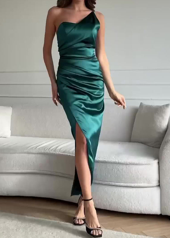 Green One Shoulder Side Open Slim Fit Silk Dress Sleeveless