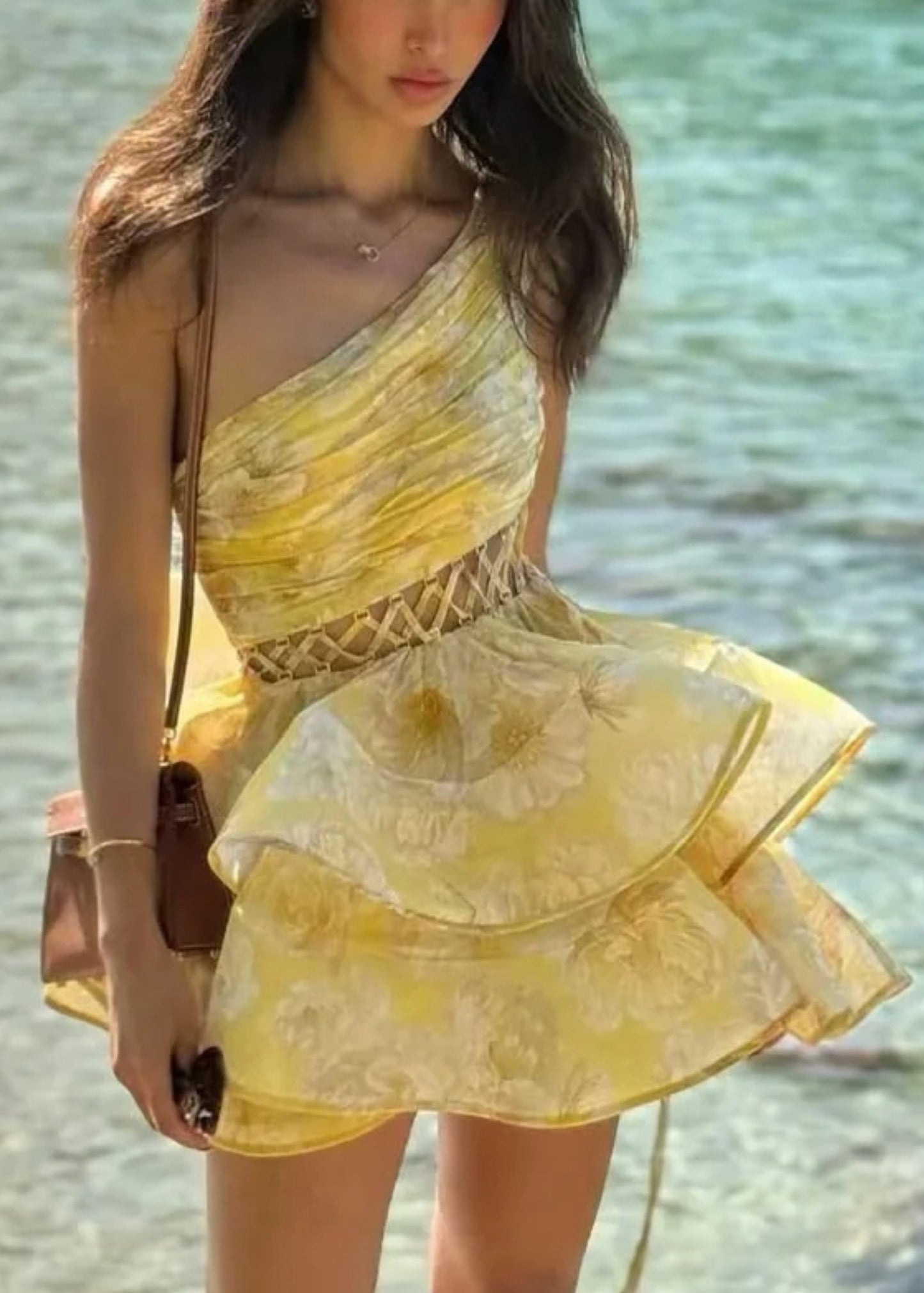 Yellow Asymmetrical Hollow Out Cotton Mini Dresses Sleeveless