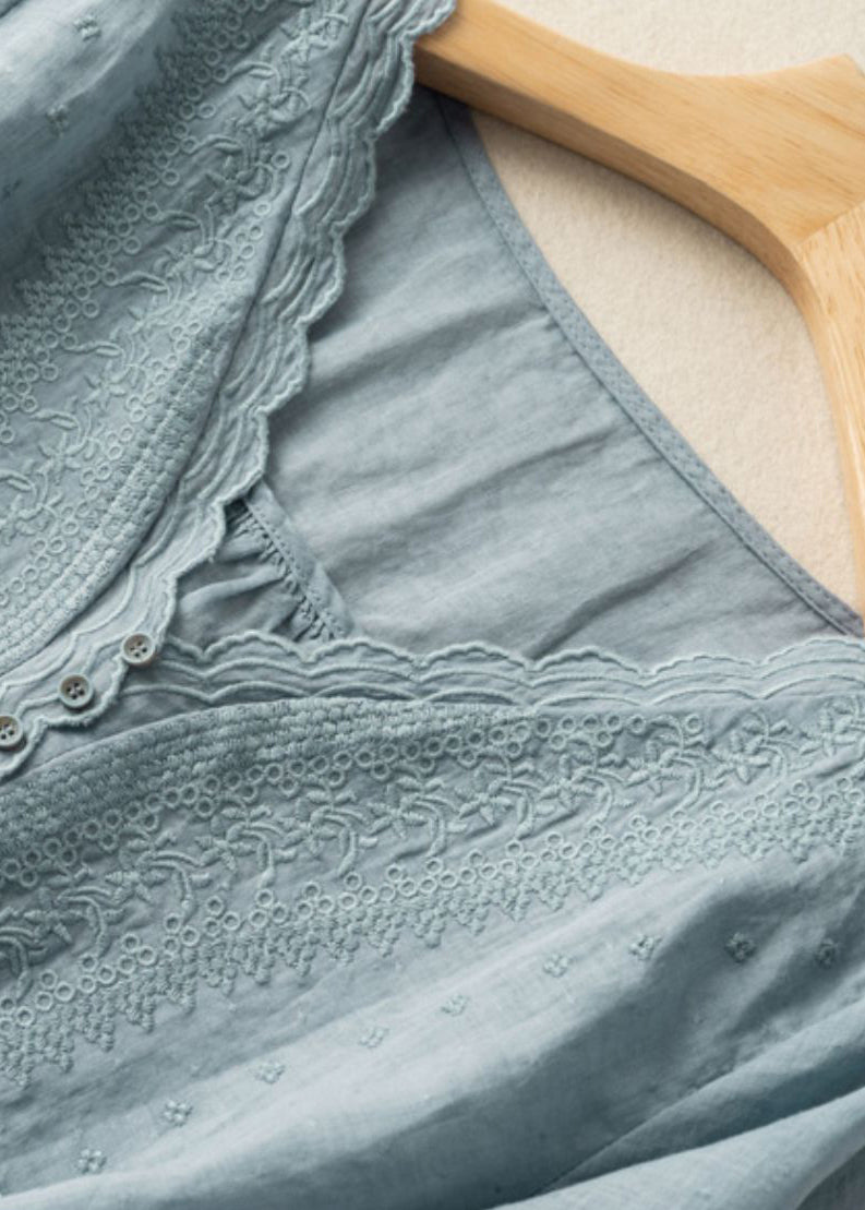 Simple Blue V Neck Linen Shirts Half Sleeve