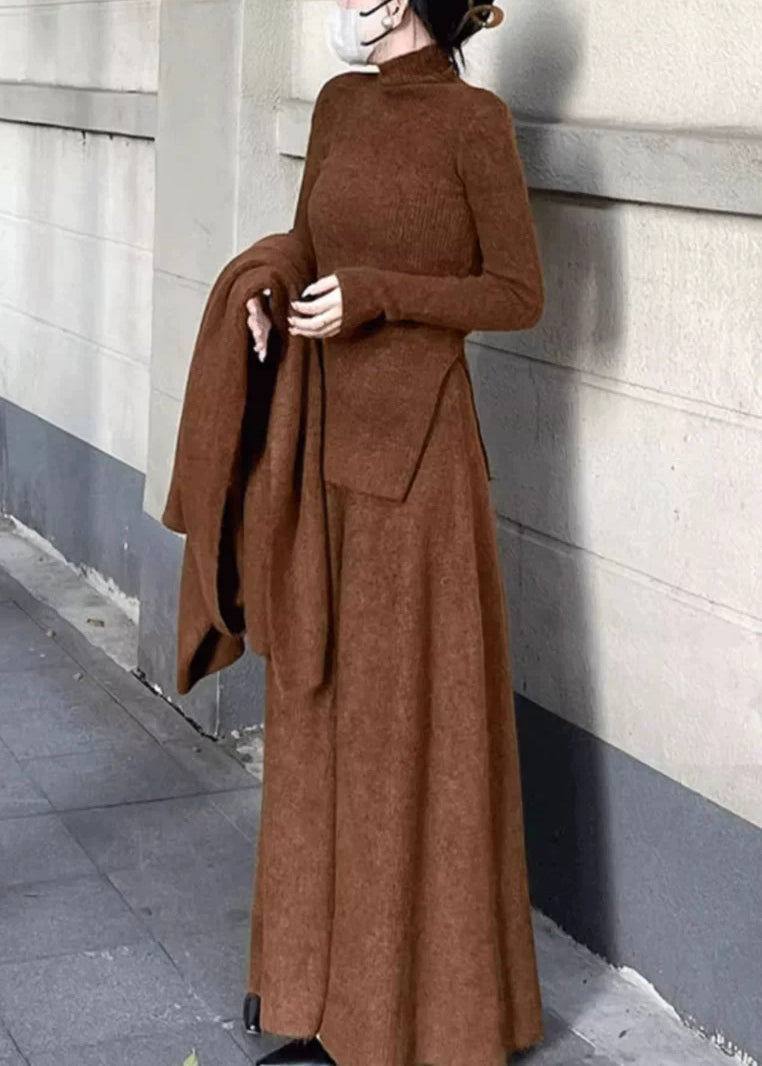 Simple Caramel Turtleneck Side Open Knit Two Pieces Set Spring