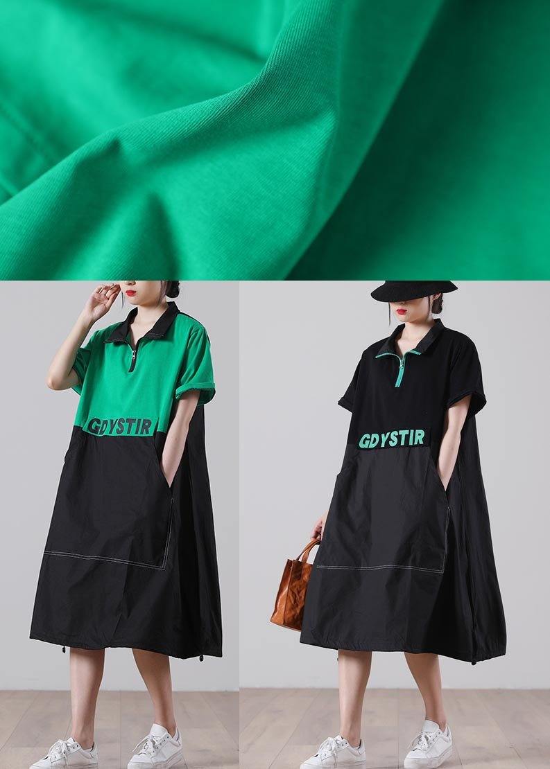 Simple Green Graphic Cotton Pockets Summer Party Dress