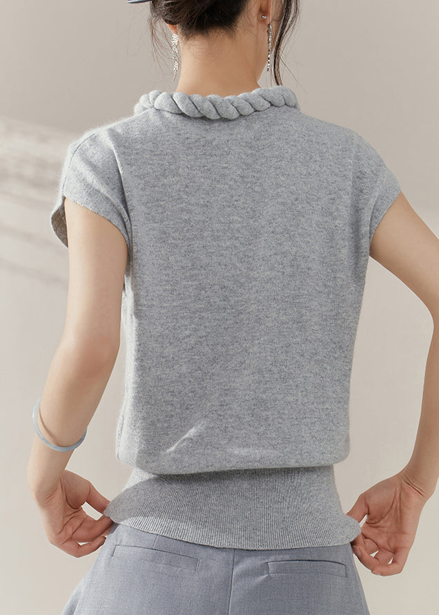 Simple Grey O Neck Cable Knit Sweater Summer