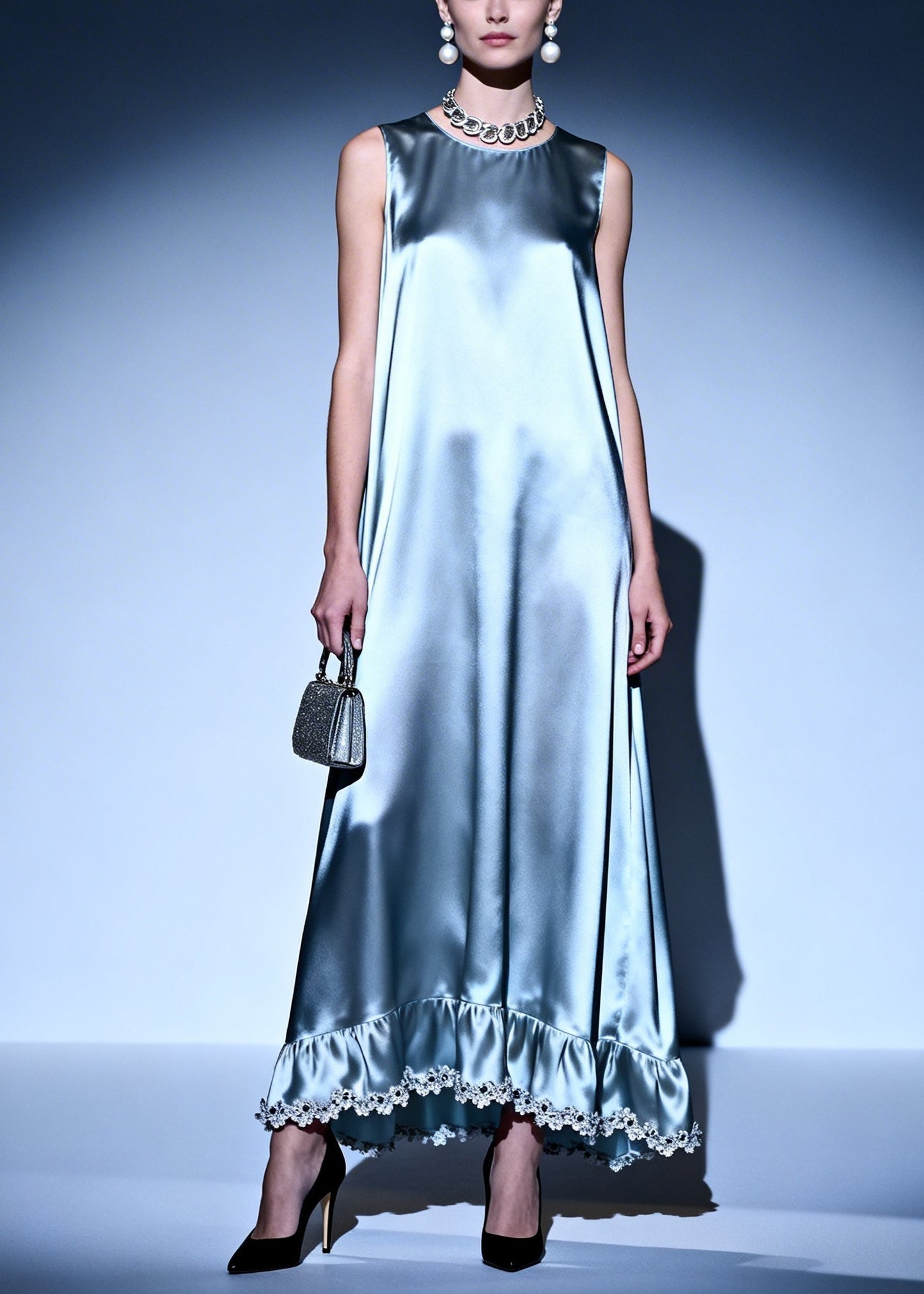 Simple Silvery Oversized Lace Patchwork Silk Ankle Dress Sleeveless