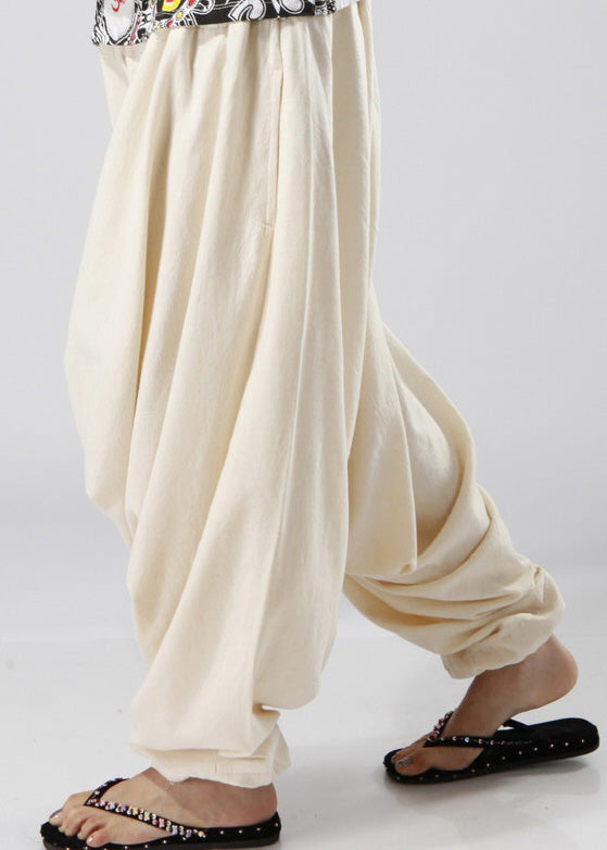 Simple White Elastic Waist Cotton Lantern Pants Summer