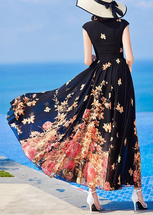 Slim Fit Black O-neck Print Chiffon Long Dresses Summer