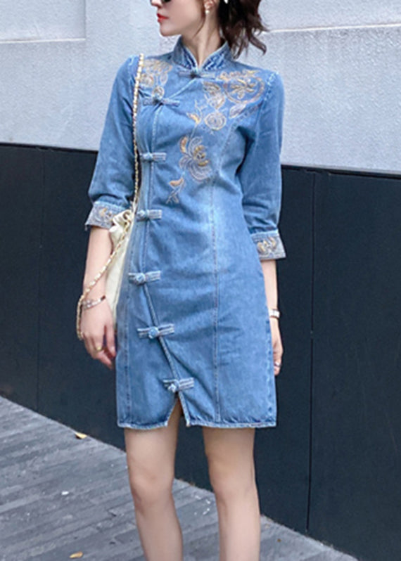 Slim Fit Blue Embroideried Button Denim Mid Dresses Bracelet Sleeve