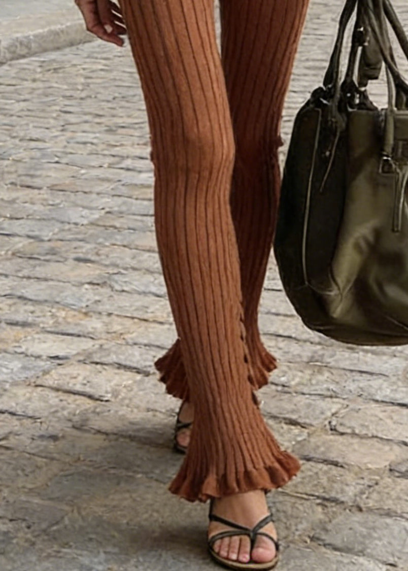 Slim Fit Coffee Ruffled Elastic Waist Knit Flared Trousers Spring
