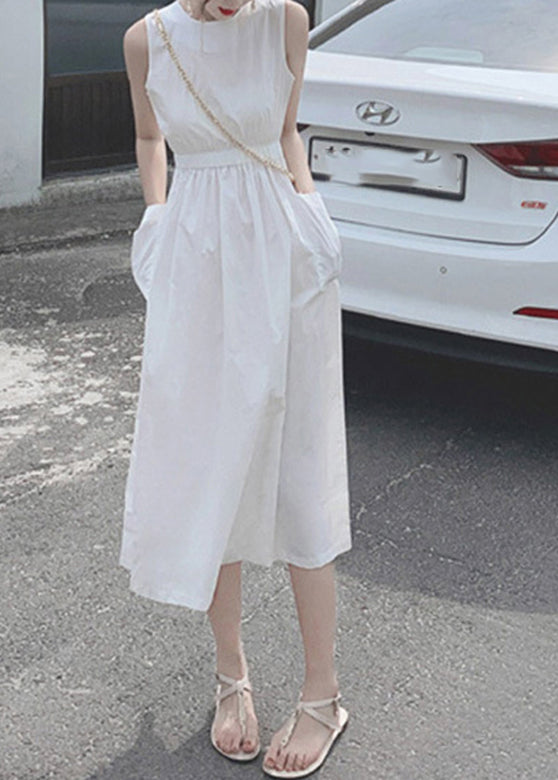 Button Pocket Drawstring Show Waist Sleeveless Maxi Dress