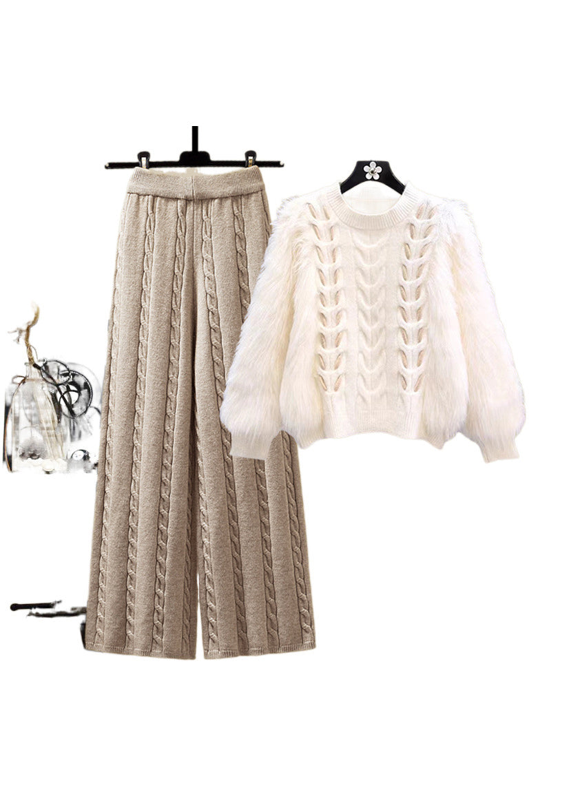 Style Apricot O Neck Sweaters and Skirts Knit Two Pieces Set Spring