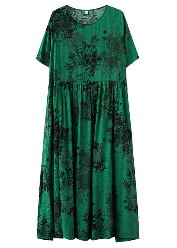 Style Green O-neck Patchwork Maxi Dress Short Sleeve