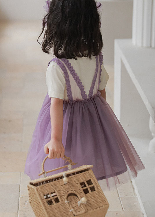 Style Purple Wrinkled Lace Patchwork False Two Pieces Tulle Baby Dress Summer