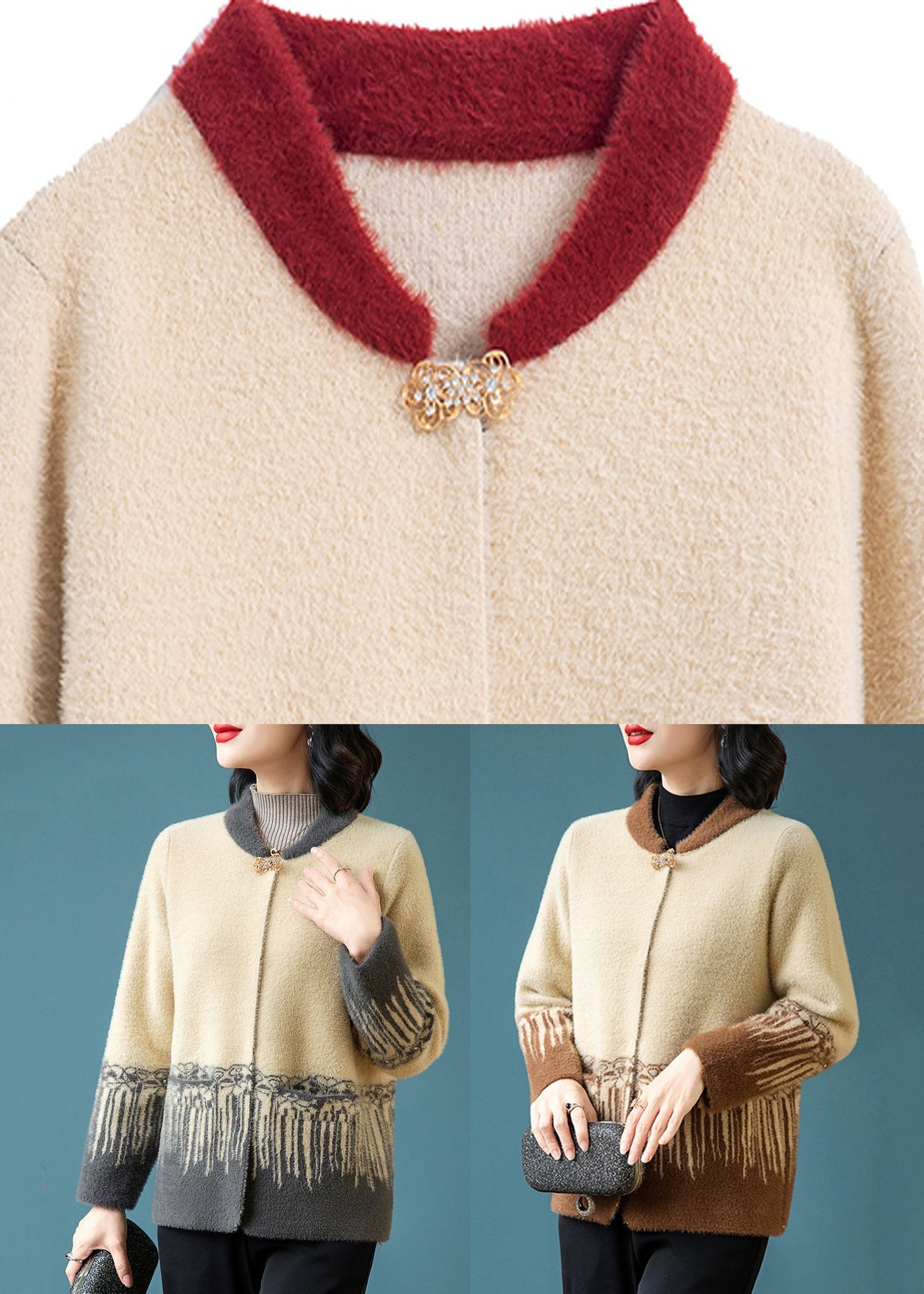 Style Red O-neck Rivet Mink Hair Knitted Coats Fall