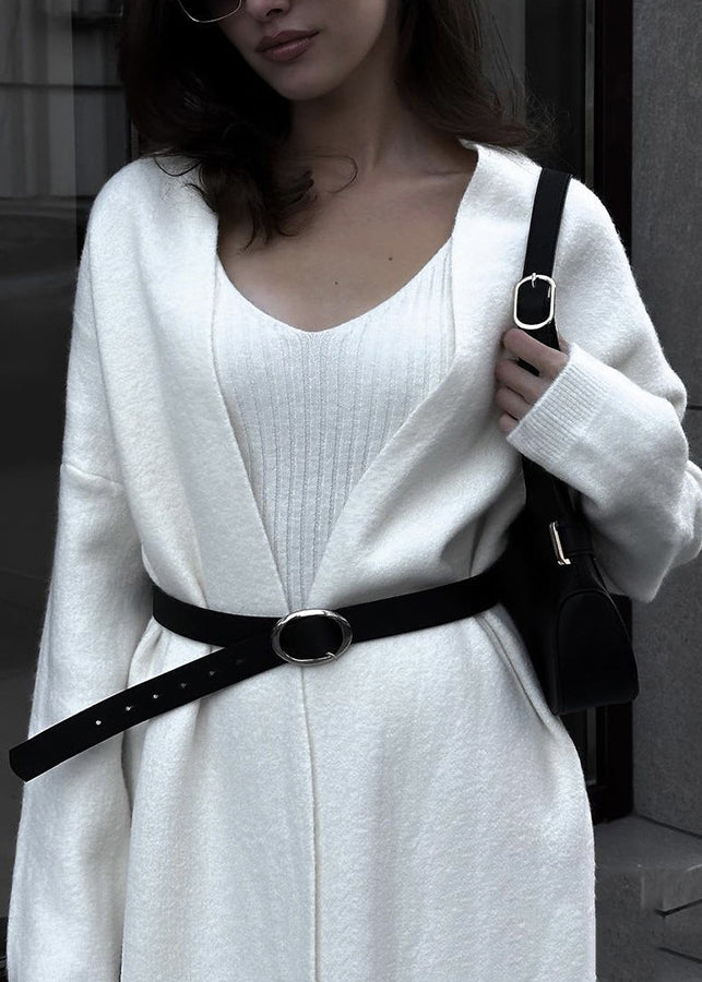 Stylish Beige O-neck Cashmere Cardigans and Long Sweaters Two Pieces Set Fall