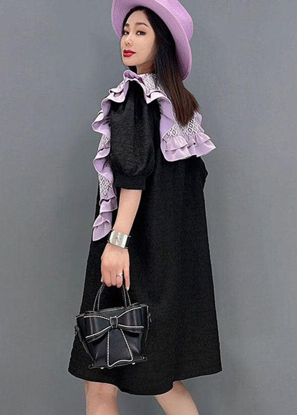 Stylish Black Peter Pan Collar Patchwork Ruffled Cotton Dresses Short Sleeve