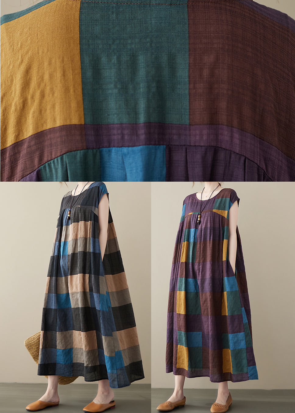 Stylish Black Plaid O-neck Linen Long Dresses Short Sleeve